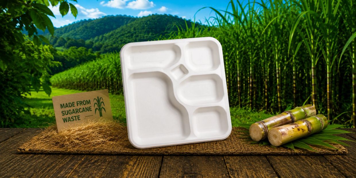 Eco-friendly tray made from sugarcane waste displayed outdoors with sugarcane plants.