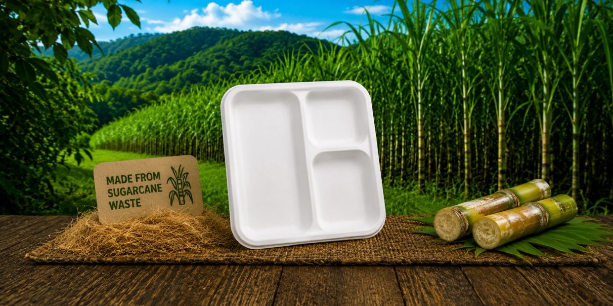Eco-friendly plate made from sugarcane waste on a rustic wooden table.