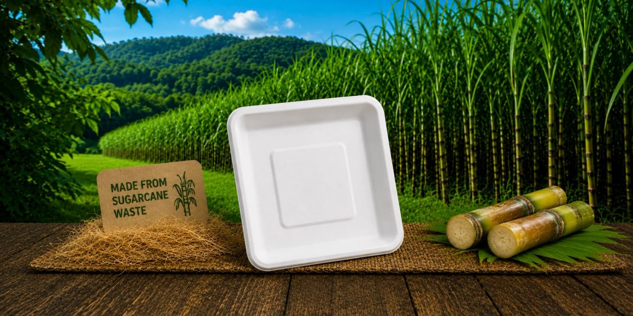 Eco-friendly plate made from sugarcane waste displayed with sugarcane stalks in a lush field.