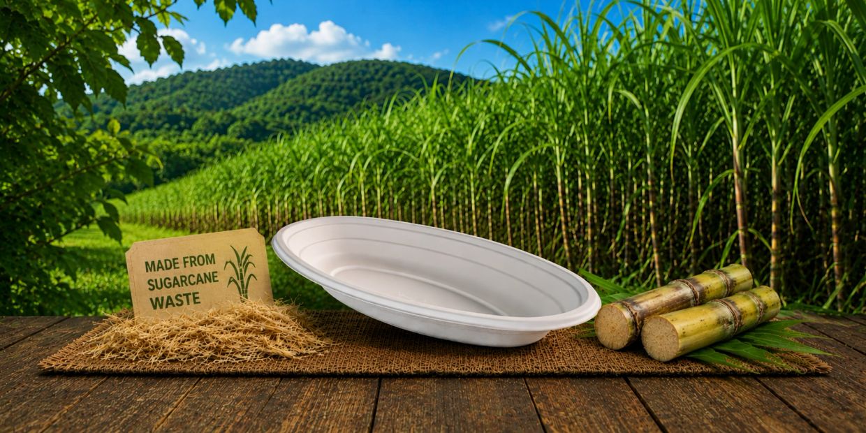 Eco-friendly plate made from sugarcane waste with sugarcane plants in the background.
