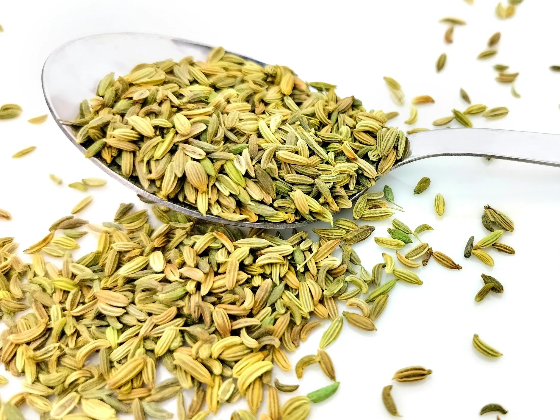 Close-up of fennel seeds on a metal spoon with scattered seeds.