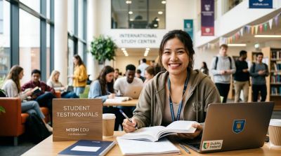 Smiling student studying with books and laptop in a busy library.