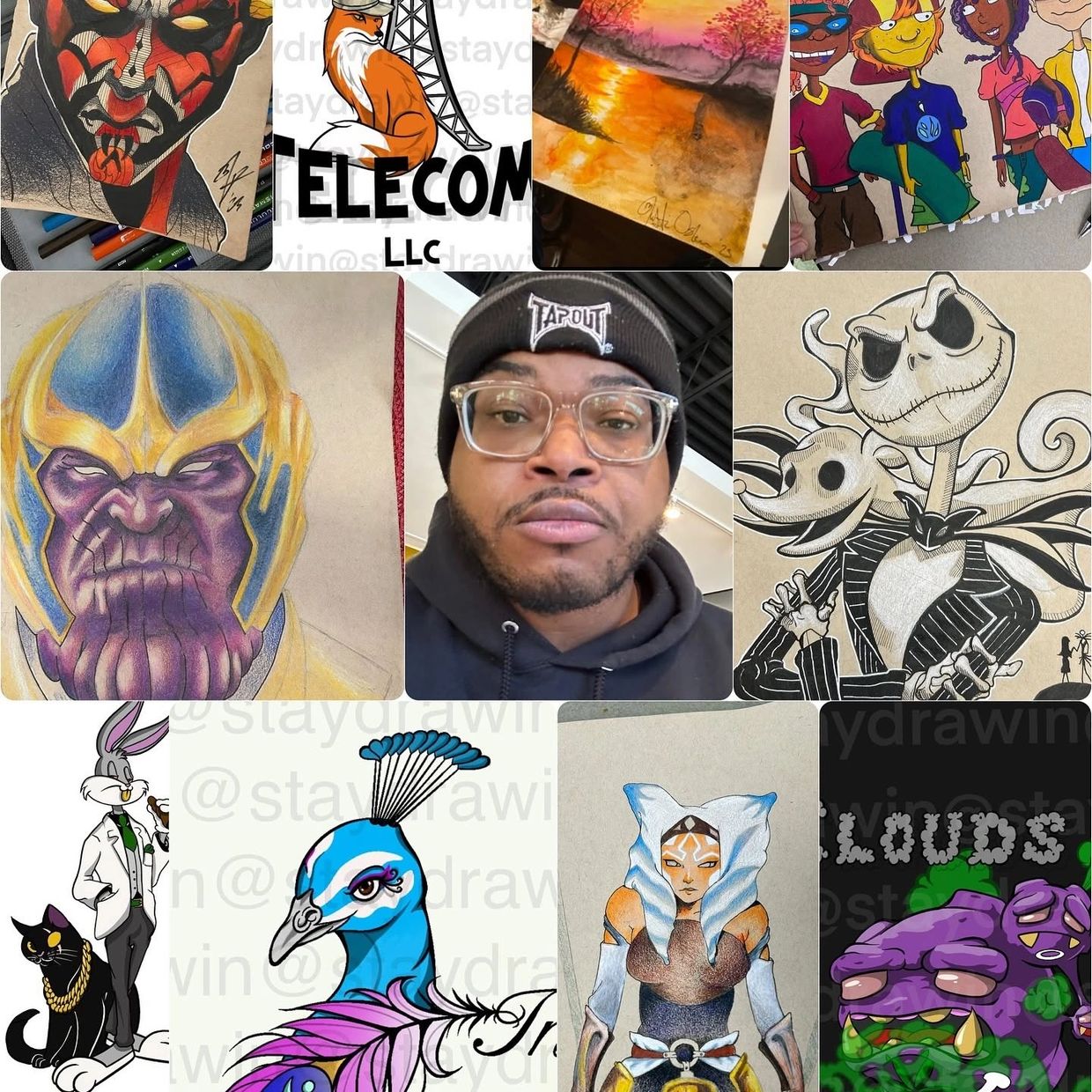 A collage featuring various art styles and a central selfie.