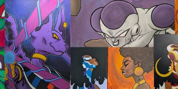 Colorful paintings of pop culture and Afrocentric themes.