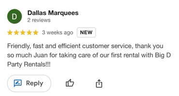 5 Star Google Review Big D Party Rentals for Customer Pick UP