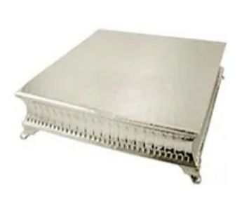 large decorative silver square cake stand
