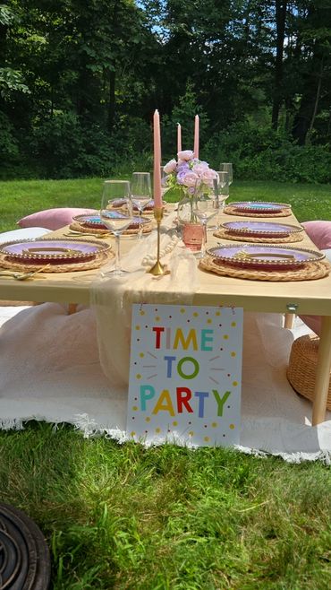 Outdoor picnic setup with pastel plates and "Time to Party" sign.