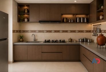 Modern minimalist kitchen with brown cabinetry and open shelves.