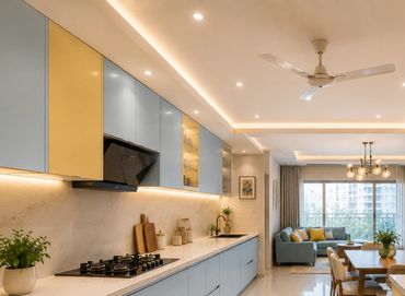 Parallel modern kitchen and dining area with blue and yellow cabinets.