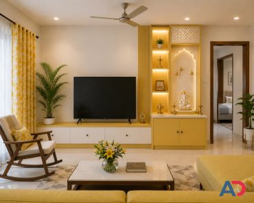 Elegant living room with yellow accents and a prayer nook.