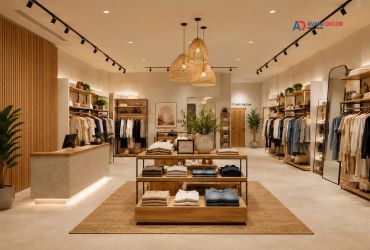 Modern clothing store interior with warm lighting and natural decor.