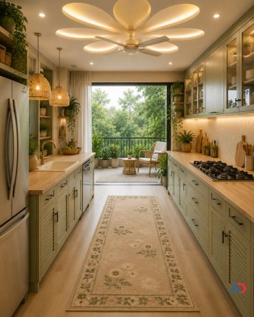 Bright kitchen with green cabinets and nature views.
