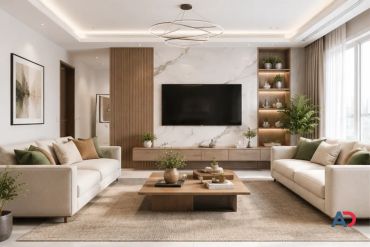 Modern living room with neutral tones and green accents.