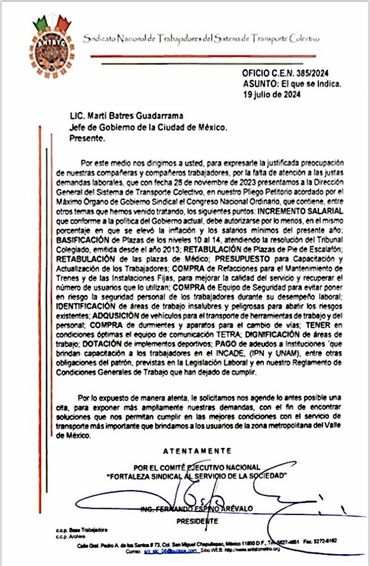 Oficio dirigido al Jefe de Gobierno de la CDMX, Martí Batres, en el que se demanda la solución 
#SNT