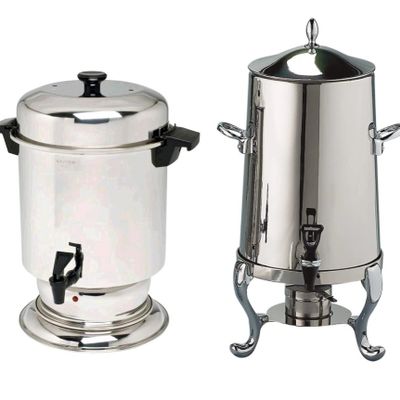 Two stainless steel beverage dispensers with spouts and lids.