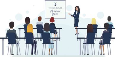 A woman presenting career advice to an audience in a seminar room.