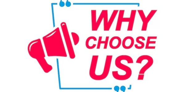 Graphic with a megaphone and the text 'Why Choose Us?' in red and blue.