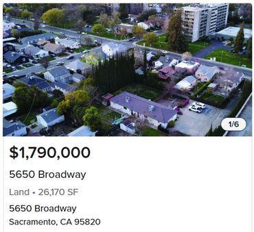 Aerial view of 26,170 square foot land parcel for sale at 5650 Broadway, Sacramento, CA.