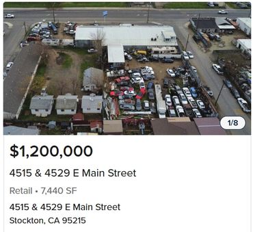 Aerial view of retail property for sale at 4515 and 4529 East Main Street, Stockton, CA.