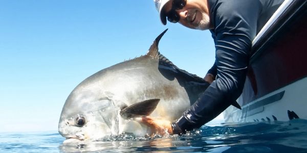 Man holding a large fish by a boat.