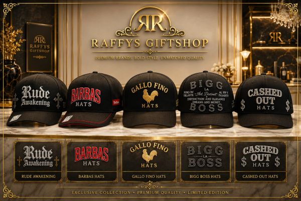 Collection of stylish baseball caps from Raffys Giftshop.