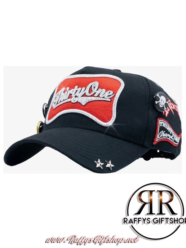 Black baseball cap with red and white patches and star studs.