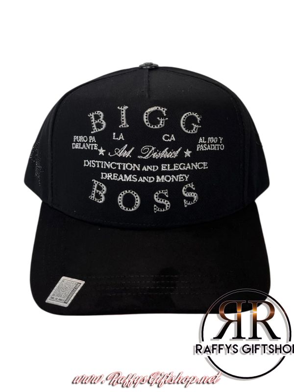 Black cap with embroidered text 'BIGG BOSS' and motivational phrases.