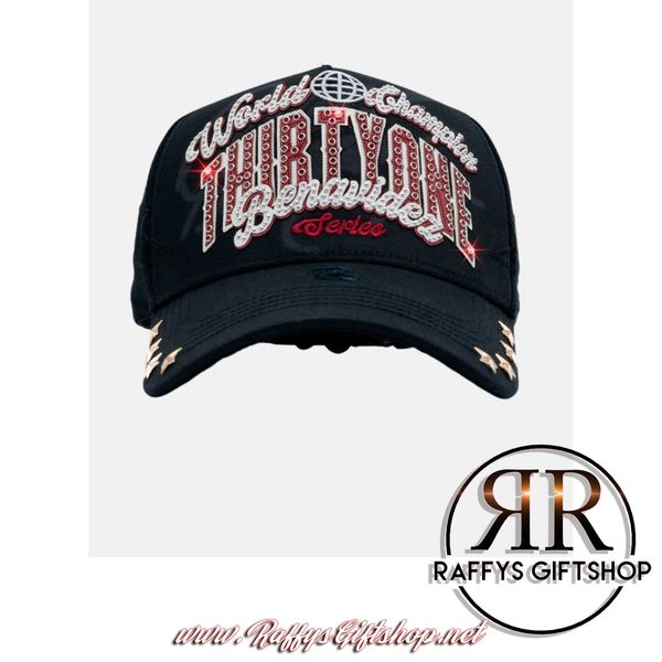 Black baseball cap with sparkling text design.