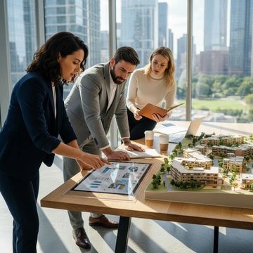 Three professionals discussing architectural plans in a modern office.
