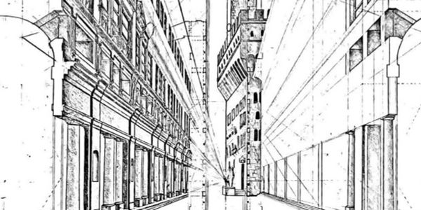 Detailed architectural perspective drawing of a narrow street with a tower in the background.