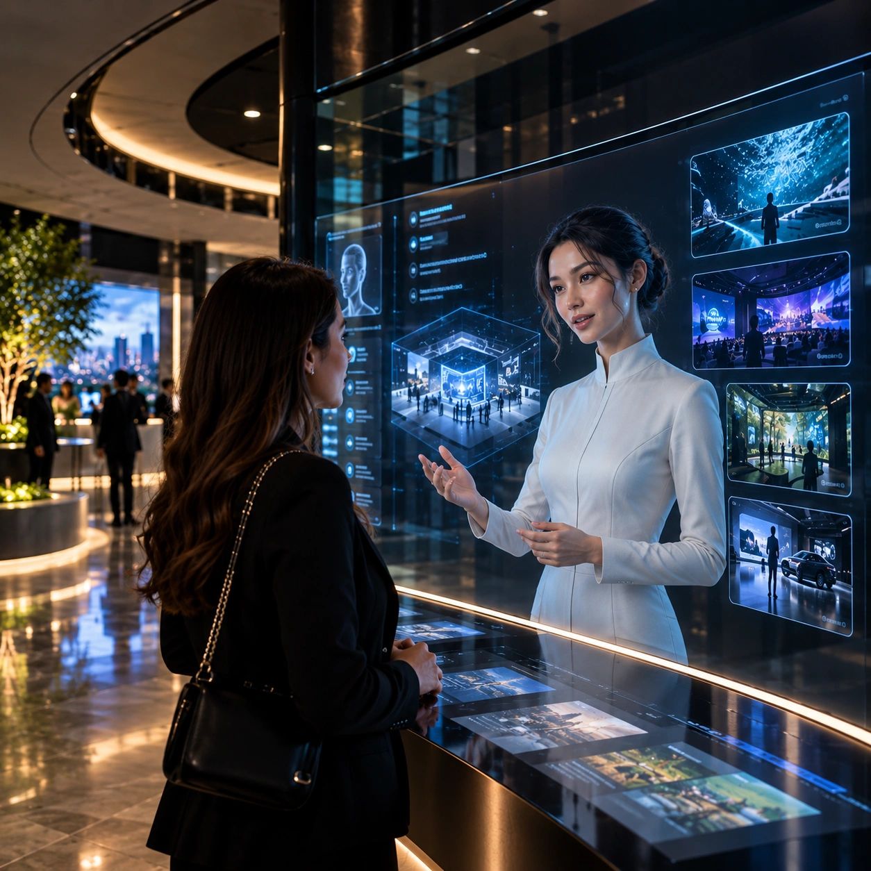 Two women interacting with futuristic digital displays in a modern setting.