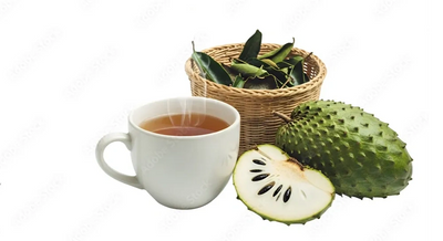 Cup of steaming herbal tea with soursop fruit and basket of leaves.