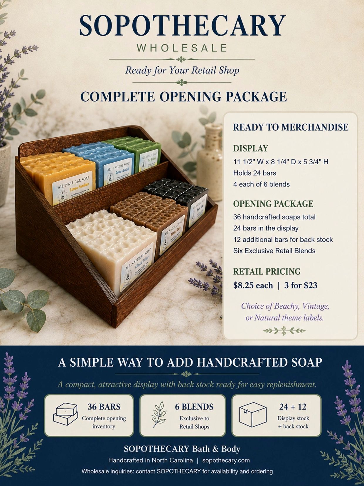 Wholesale handcrafted soap display with 36 bars and six blends.