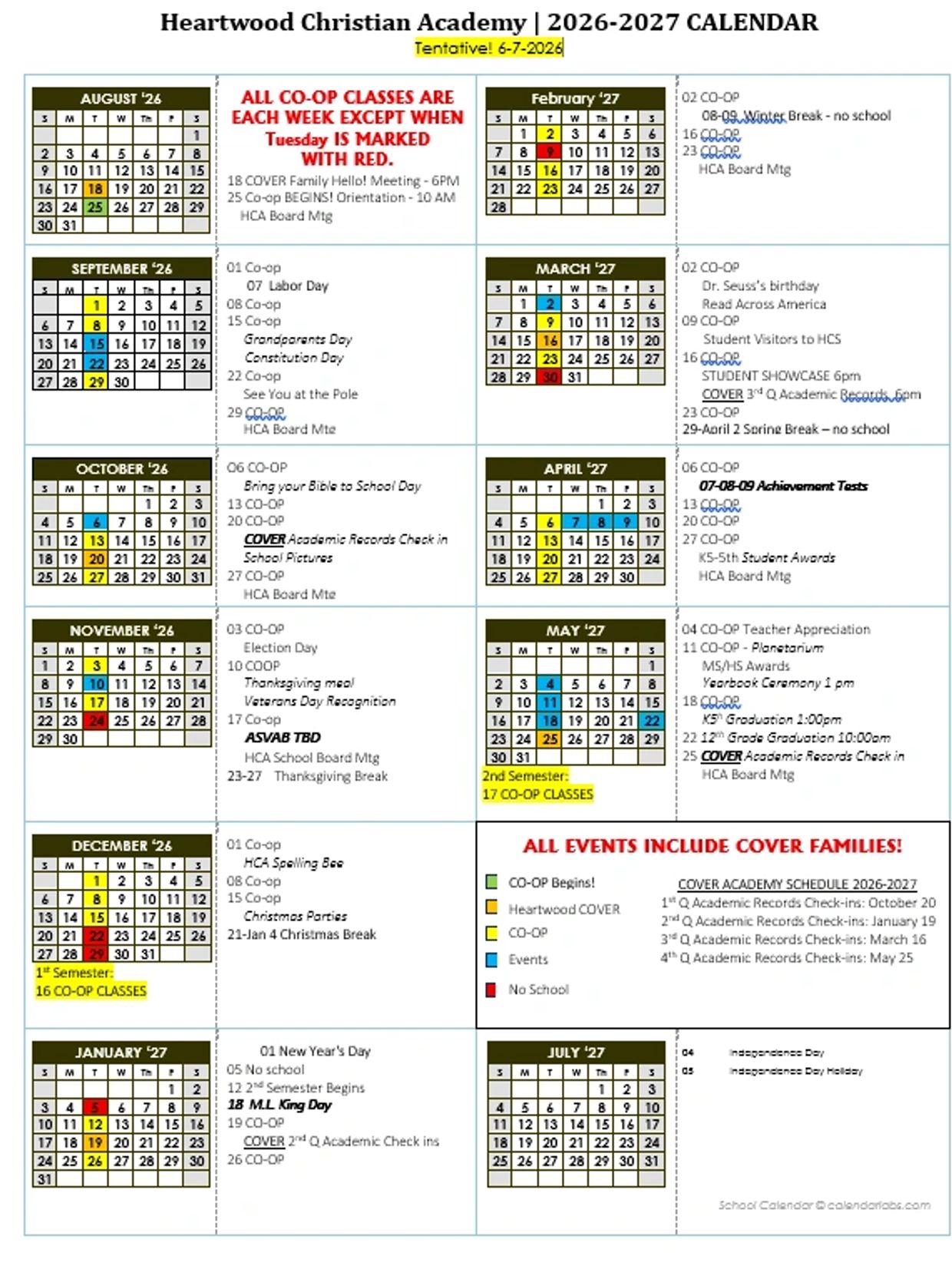 2026-2027 academic calendar for Heartwood Christian Academy.