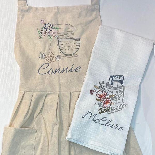 Apron kitchen towel tea towel floral embroidery