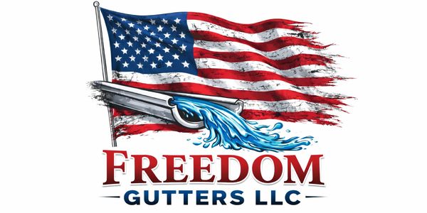 Logo of Freedom Gutters LLC with American flag and flowing water from a gutter.