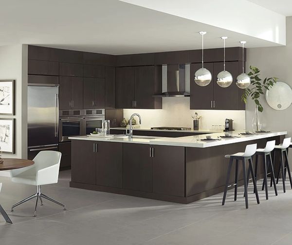 Modern kitchen with rich wenge wood cabinets, light tile flooring, and stainless steel appliances