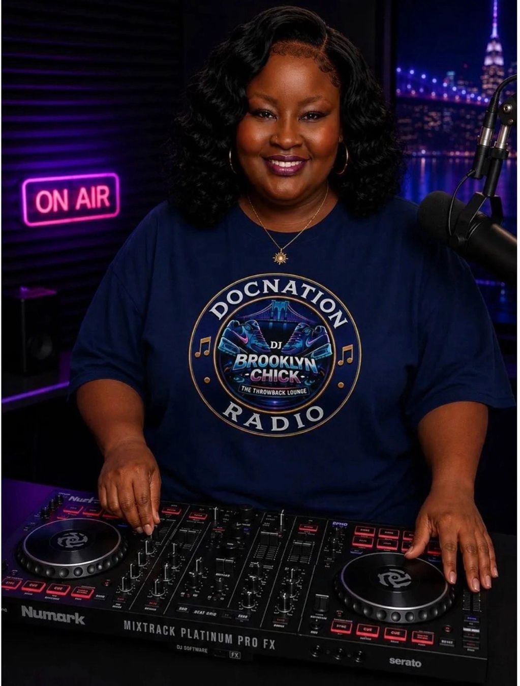 Smiling DJ in studio with turntables and 'On Air' sign.