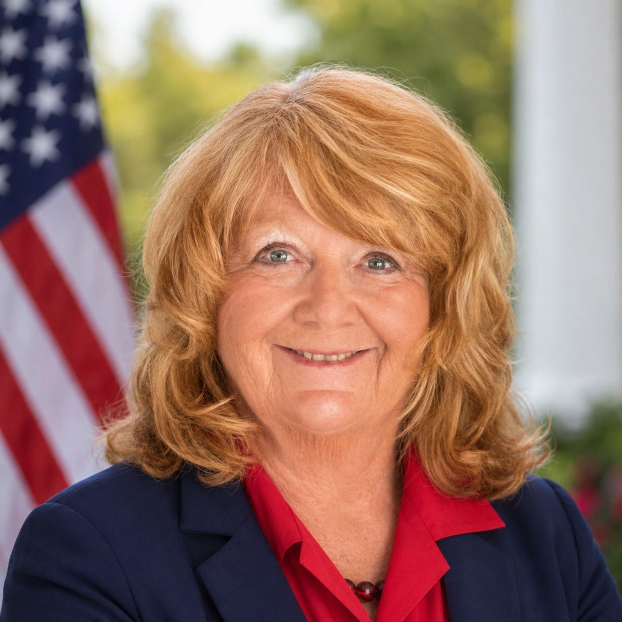 Smiling woman in a blue blazer with an American flag background.