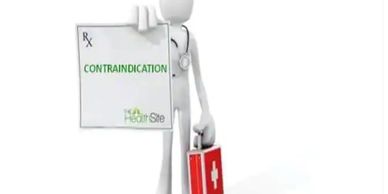 White stick figure holding a red medicine bag and a large sign saying ‘contraindications’