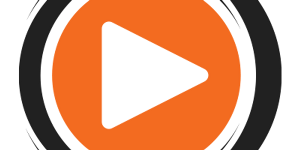 Orange play button icon with black circular rings.