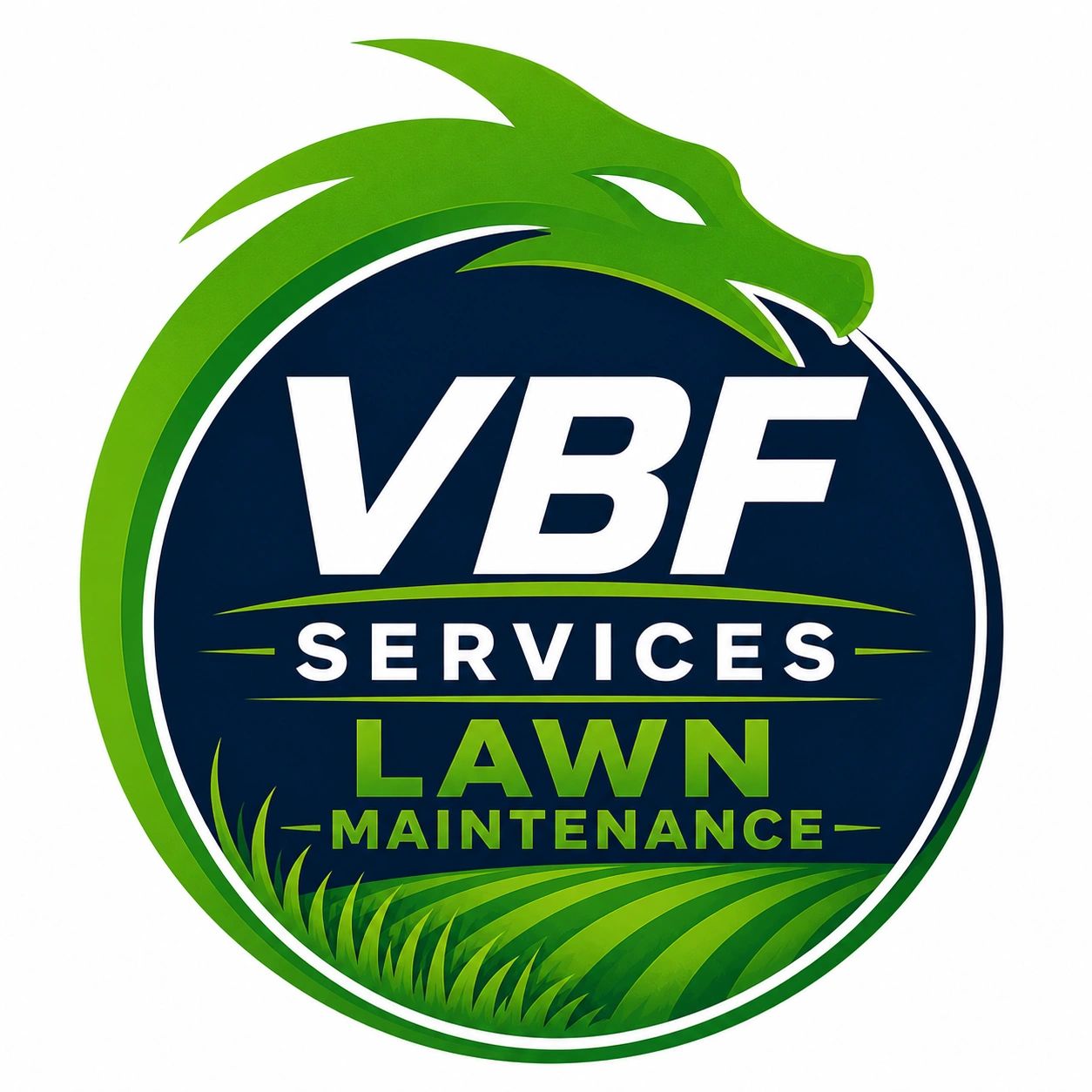 Logo of VBF Services Lawn Maintenance featuring a green dragon and grass.