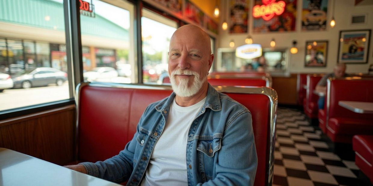 Smiling elderly man in denim jacket sitting in a retro diner booth.