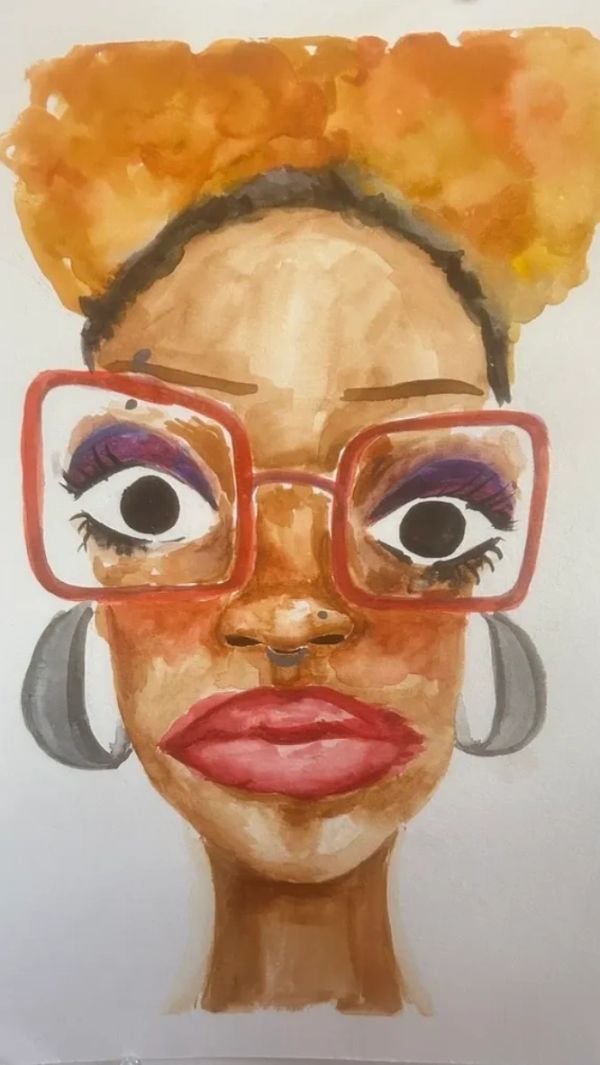 Watercolor portrait of a woman with large glasses and orange hair.