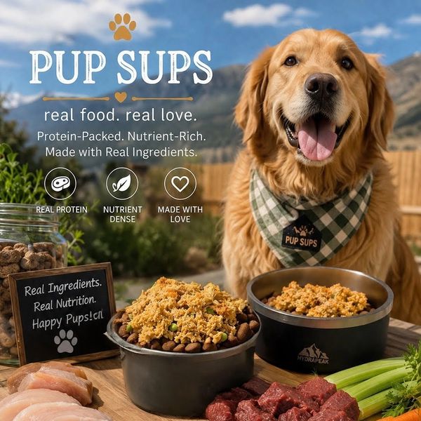 Happy golden retriever with nutritious Pup Sups dog food.