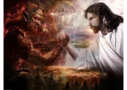 Jesus and a demon arm wrestling in a dramatic scene.