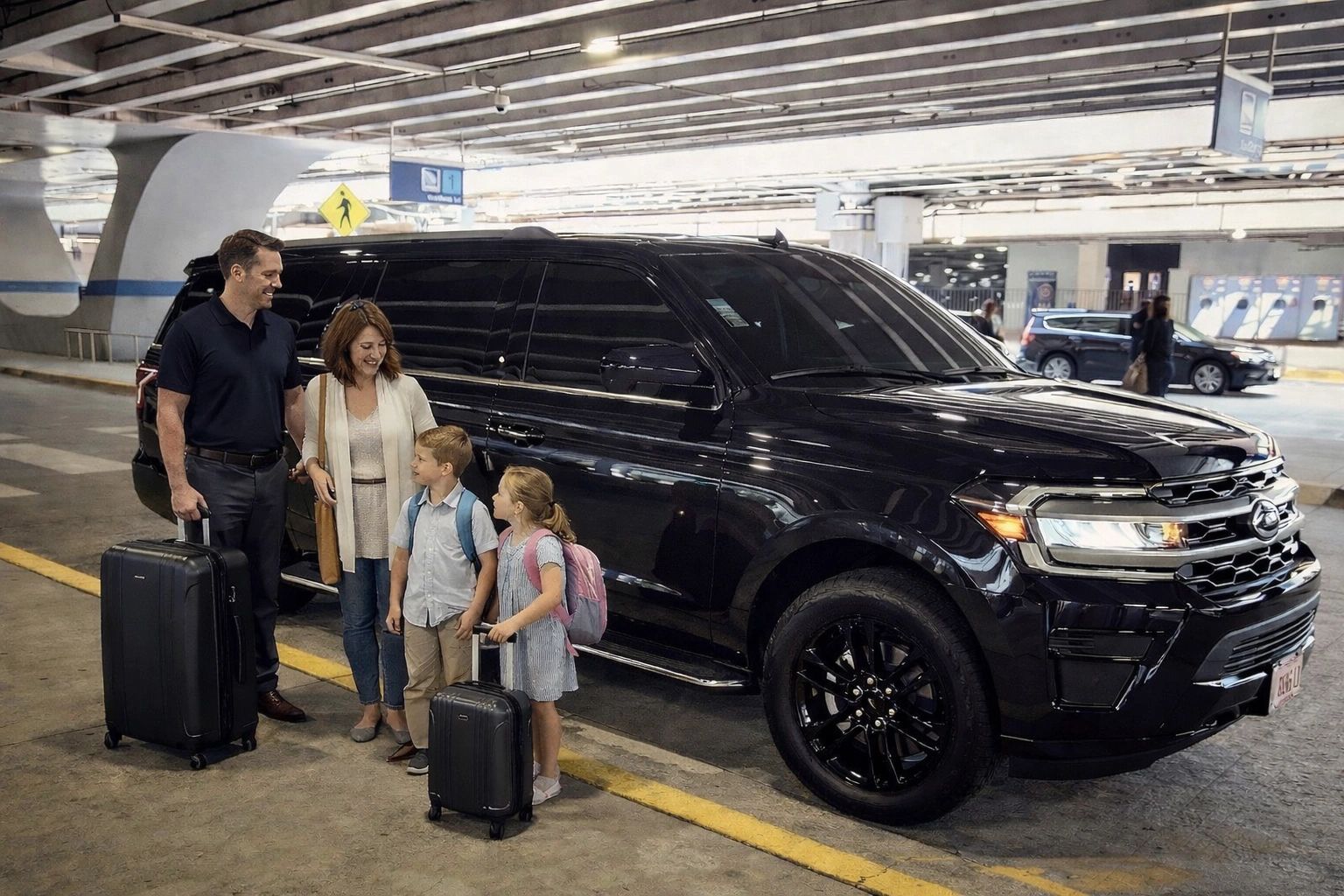 Family with luggage standing next to a black SUV in a parking garage.
