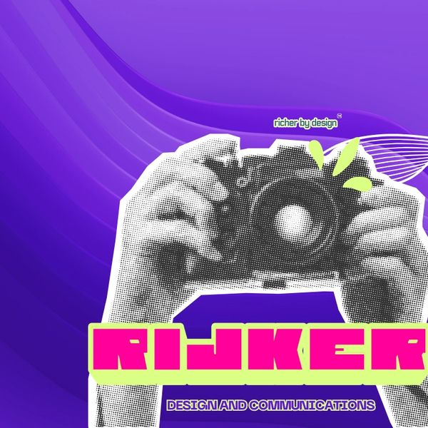 Graphic design featuring hands holding a camera with bold text 'RIJKER' on a purple background.