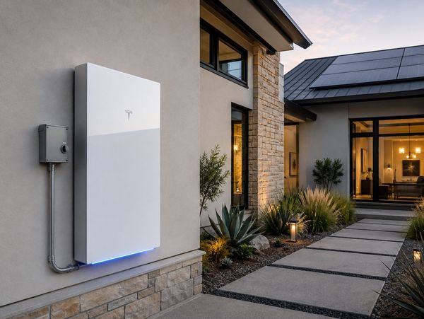 Tesla Powerwall installed on exterior wall of modern home.