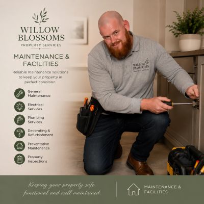 A handyman from Willow Blossoms Property Services fixing a cabinet with tools.